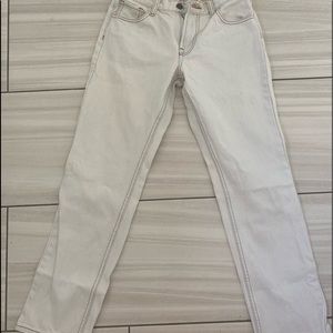 White jeans with brown stitching